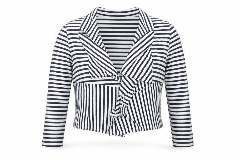 Front view of Emreco Women Blue Striped Jersey Open Jacket, size 18