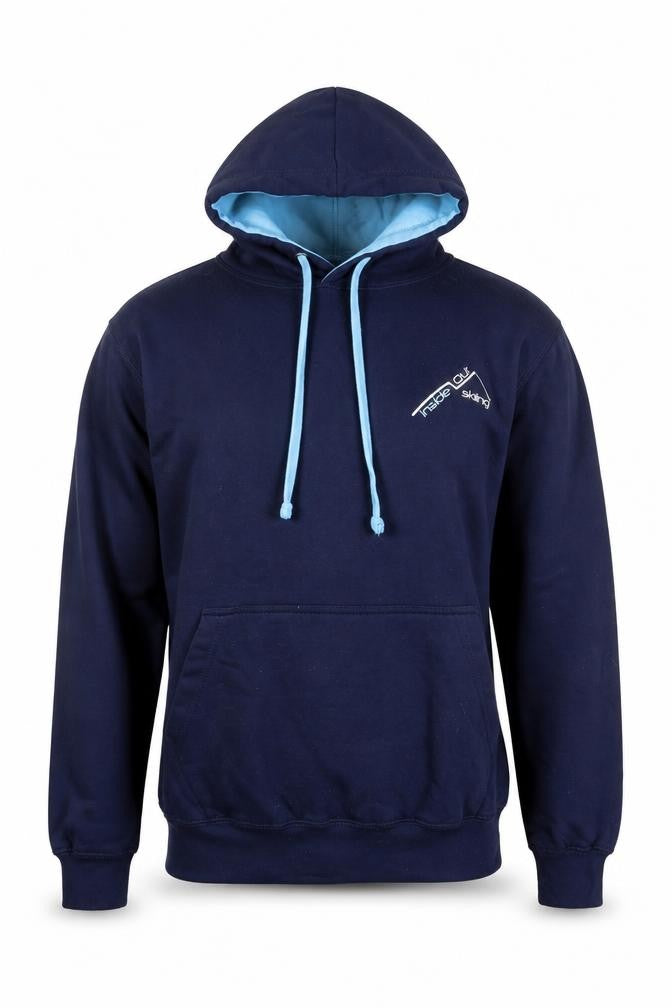Front view of Just Hoods Men’s Blue Pullover Hoodie Small Fleece Cotton Blend