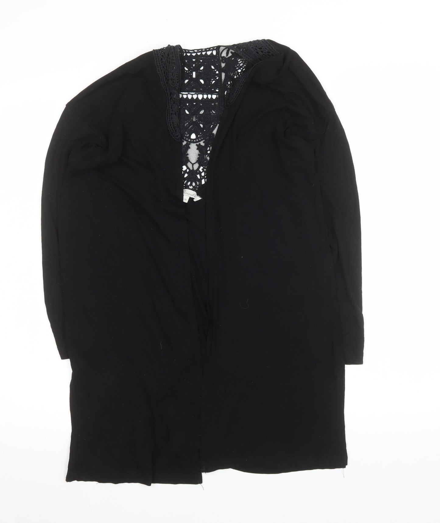 Peacocks Women Black Long Lace Trim Open Coatigan Size 16