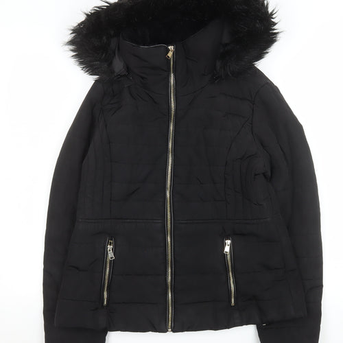 F&F Womens Black Faux Fur Hooded Puffer Jacket UK 12
