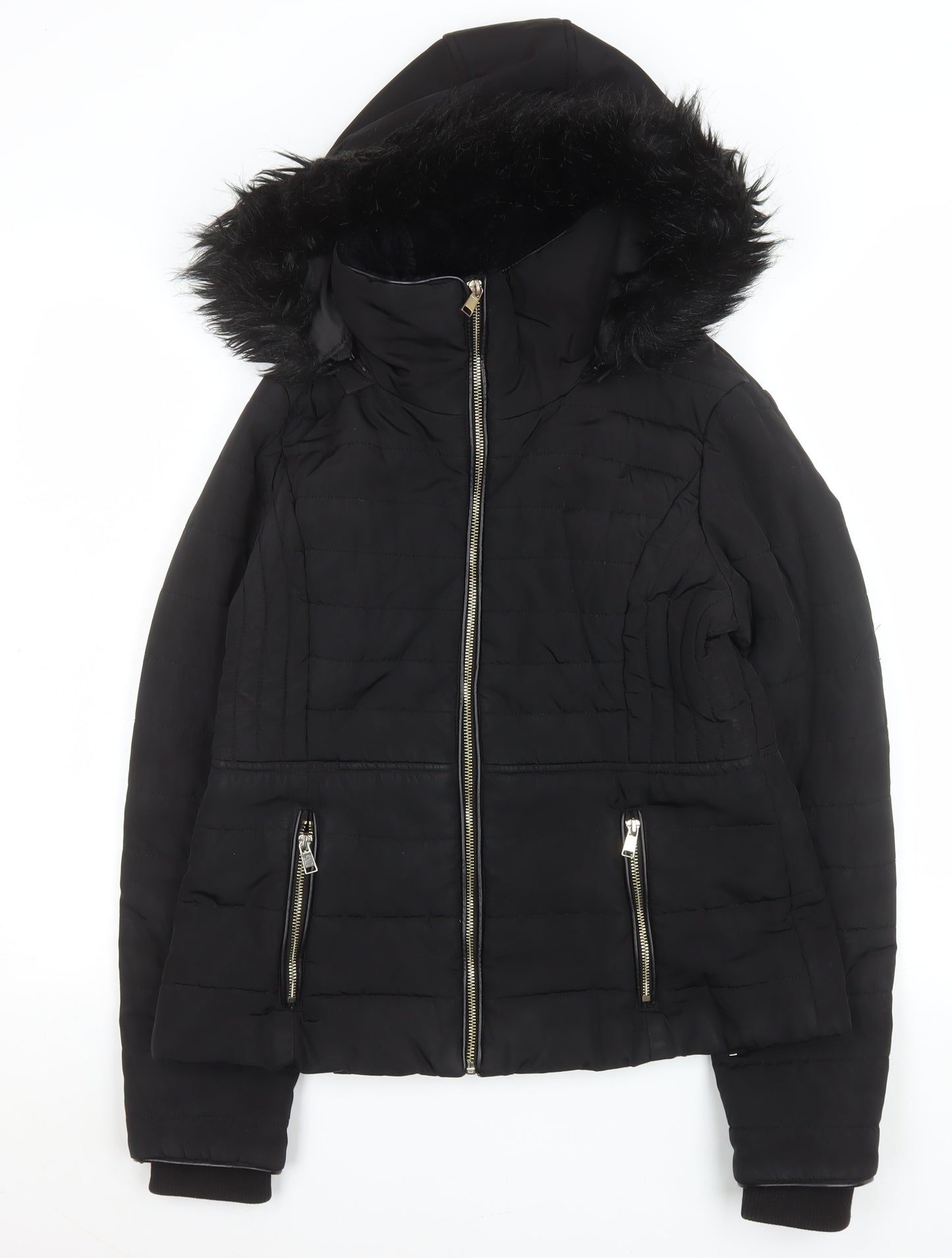 F&F Womens Black Faux Fur Hooded Puffer Jacket UK 12