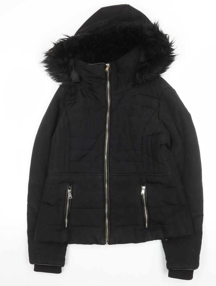 F&F Womens Black Faux Fur Hooded Puffer Jacket UK 12