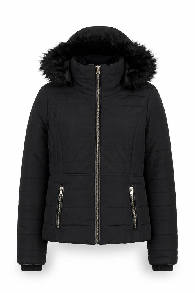 F&F Womens Black Faux Fur Hooded Puffer Jacket UK 12