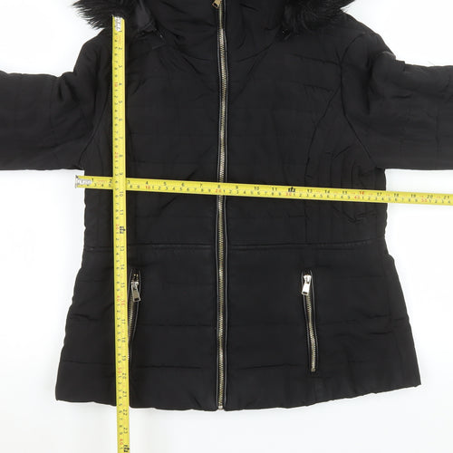 F&F Womens Black Faux Fur Hooded Puffer Jacket UK 12