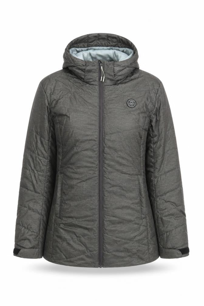 Front view of Lizzy women’s grey long hooded puffer jacket coat, size M
