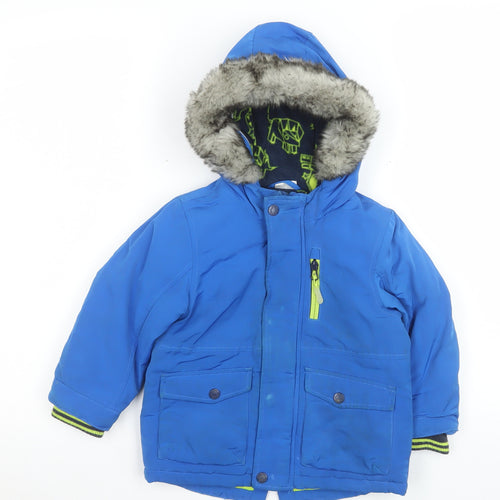 F&F Boys Blue Hooded Puffer Jacket 2-3 Years Faux Fur Trim Winter Coat