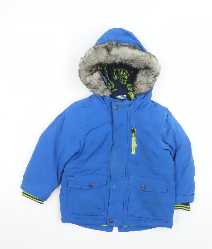 F&F Boys Blue Hooded Puffer Jacket 2-3 Years Faux Fur Trim Winter Coat