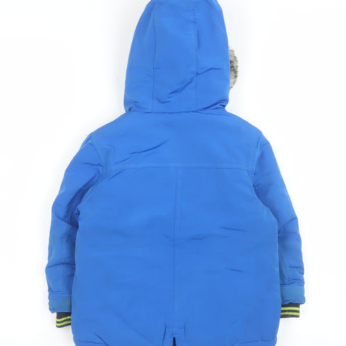 F&F Boys Blue Hooded Puffer Jacket 2-3 Years Faux Fur Trim Winter Coat