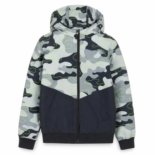 Front view of Destination boys’ grey camouflage hooded puffer jacket 12 years