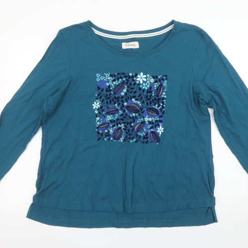 Autonomy Womens Blue Floral Cotton 3/4 Sleeve T-Shirt L