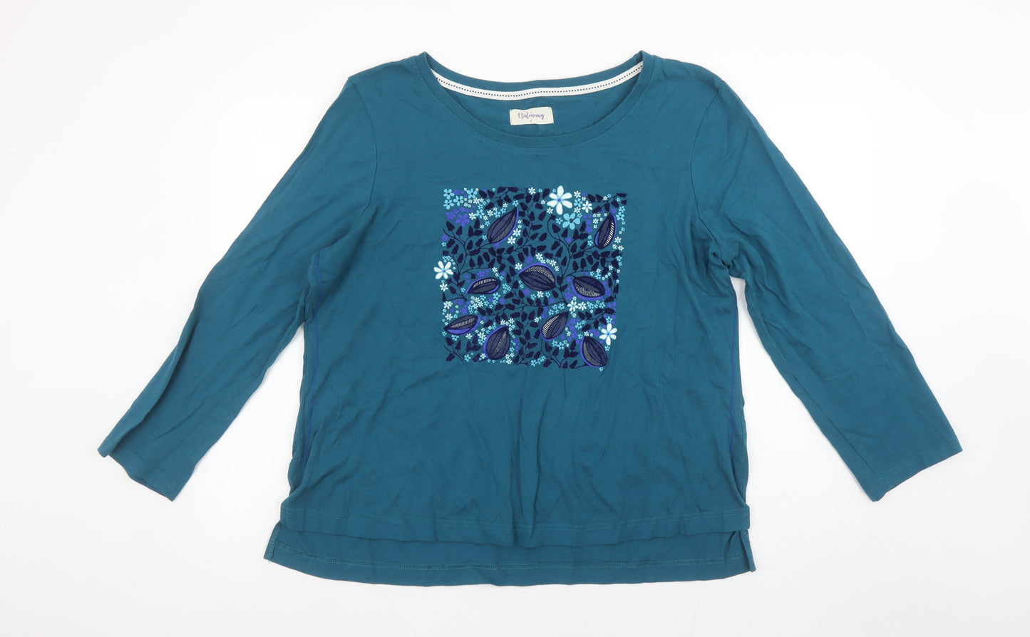 Autonomy Womens Blue Floral Cotton 3/4 Sleeve T-Shirt L