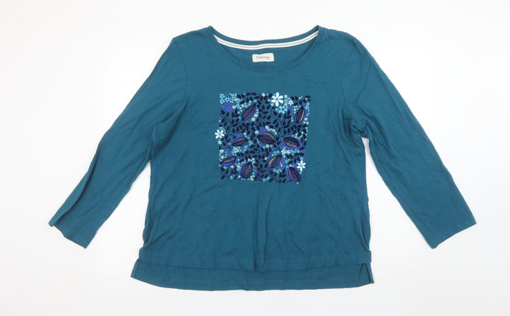 Autonomy Womens Blue Floral Cotton 3/4 Sleeve T-Shirt L