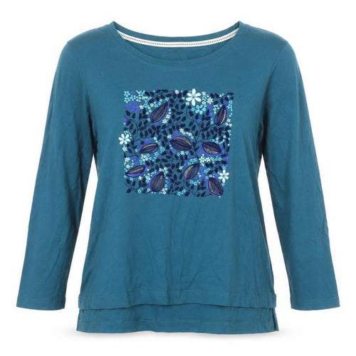 Autonomy Womens Blue Floral Cotton 3/4 Sleeve T-Shirt L