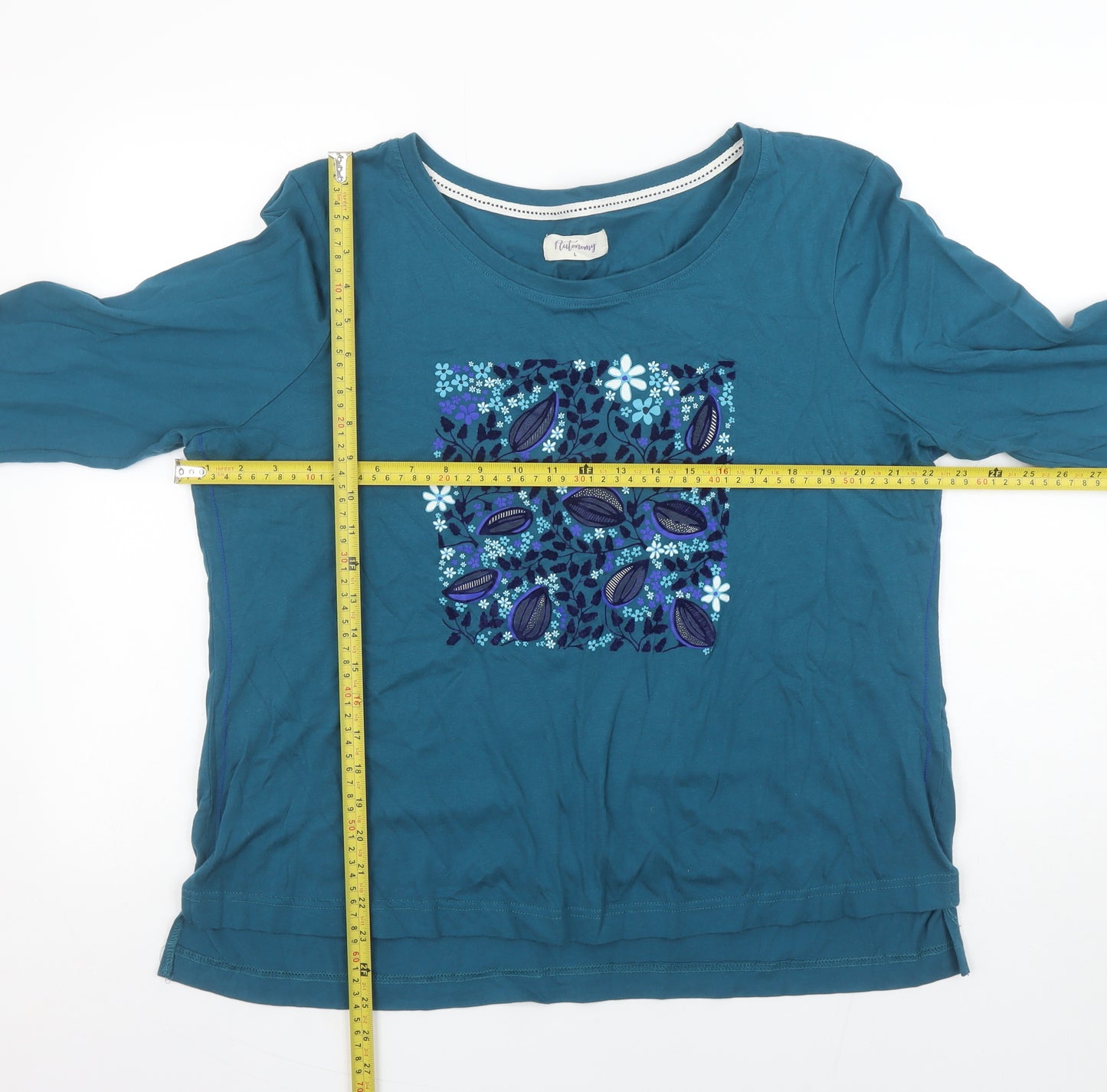 Autonomy Womens Blue Floral Cotton 3/4 Sleeve T-Shirt L