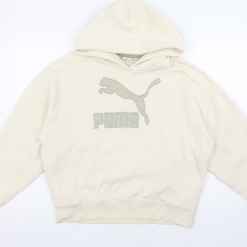 PUMA Women's Beige Hoodie Small Relaxed Fit Cotton Blend Logo