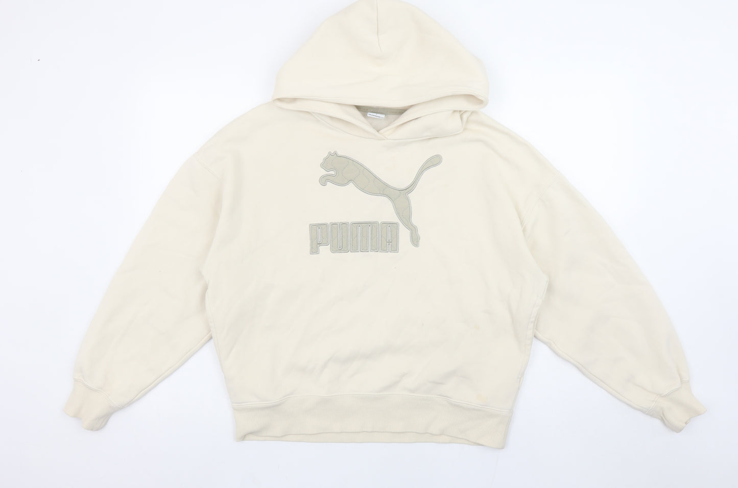 PUMA Women's Beige Hoodie Small Relaxed Fit Cotton Blend Logo