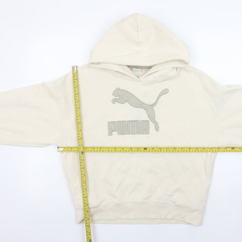 PUMA Women's Beige Hoodie Small Relaxed Fit Cotton Blend Logo