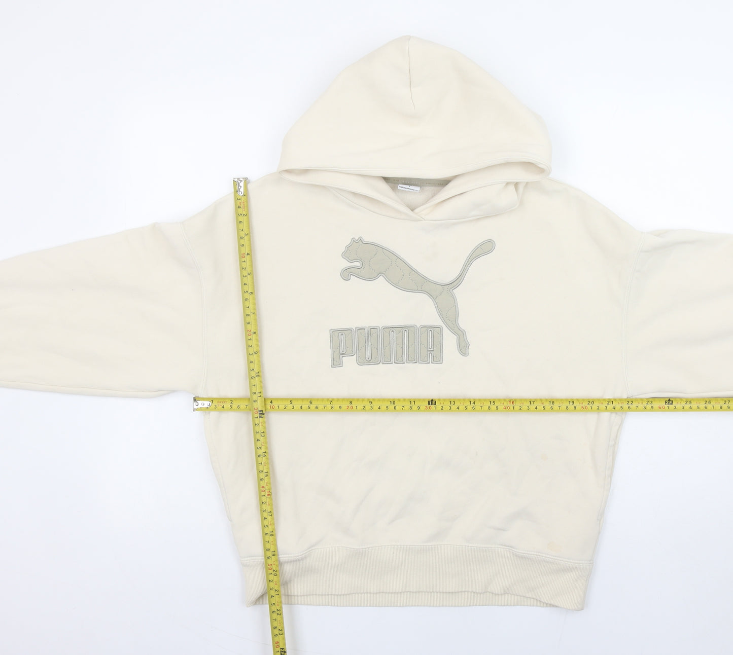 PUMA Women's Beige Hoodie Small Relaxed Fit Cotton Blend Logo