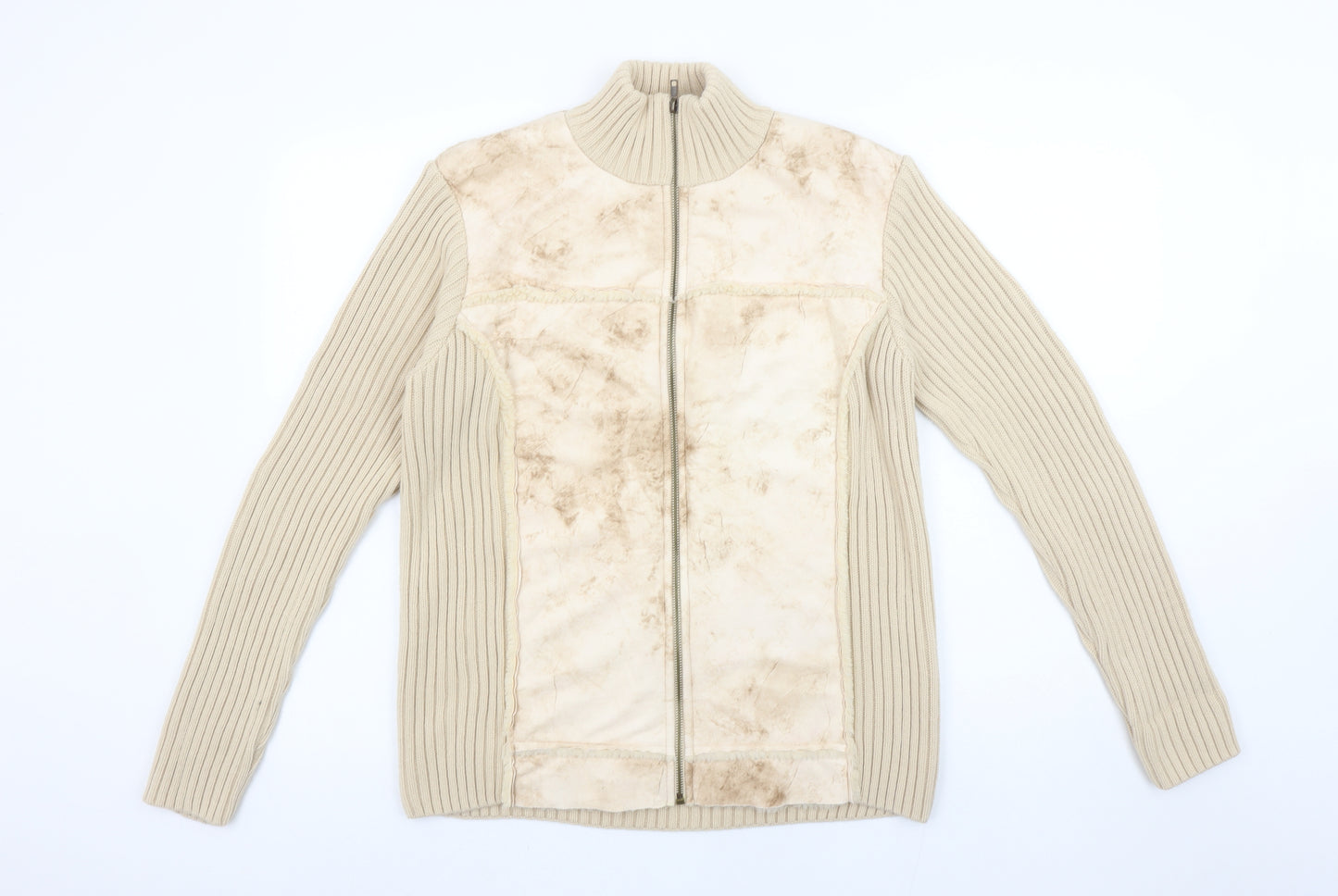 Paco Collection Women's Beige Full Zip Rib-Knit Jumper Size L