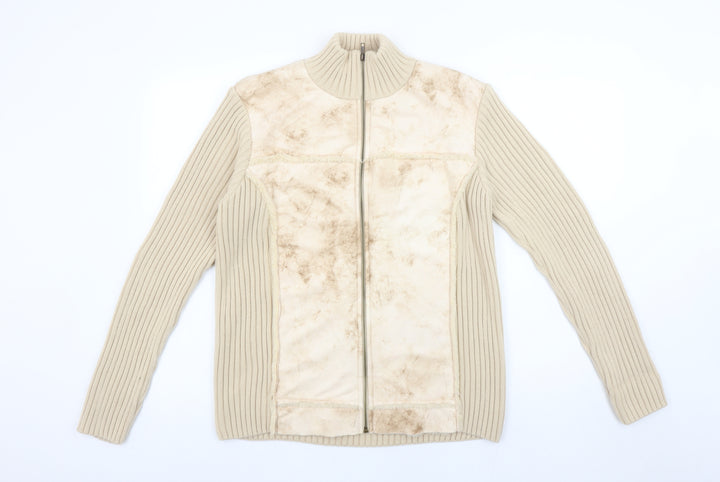 Paco Collection Women's Beige Full Zip Rib-Knit Jumper Size L