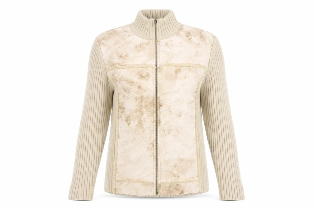 Front view of Paco Collection Women's Beige Full Zip Rib-Knit Jumper, size L
