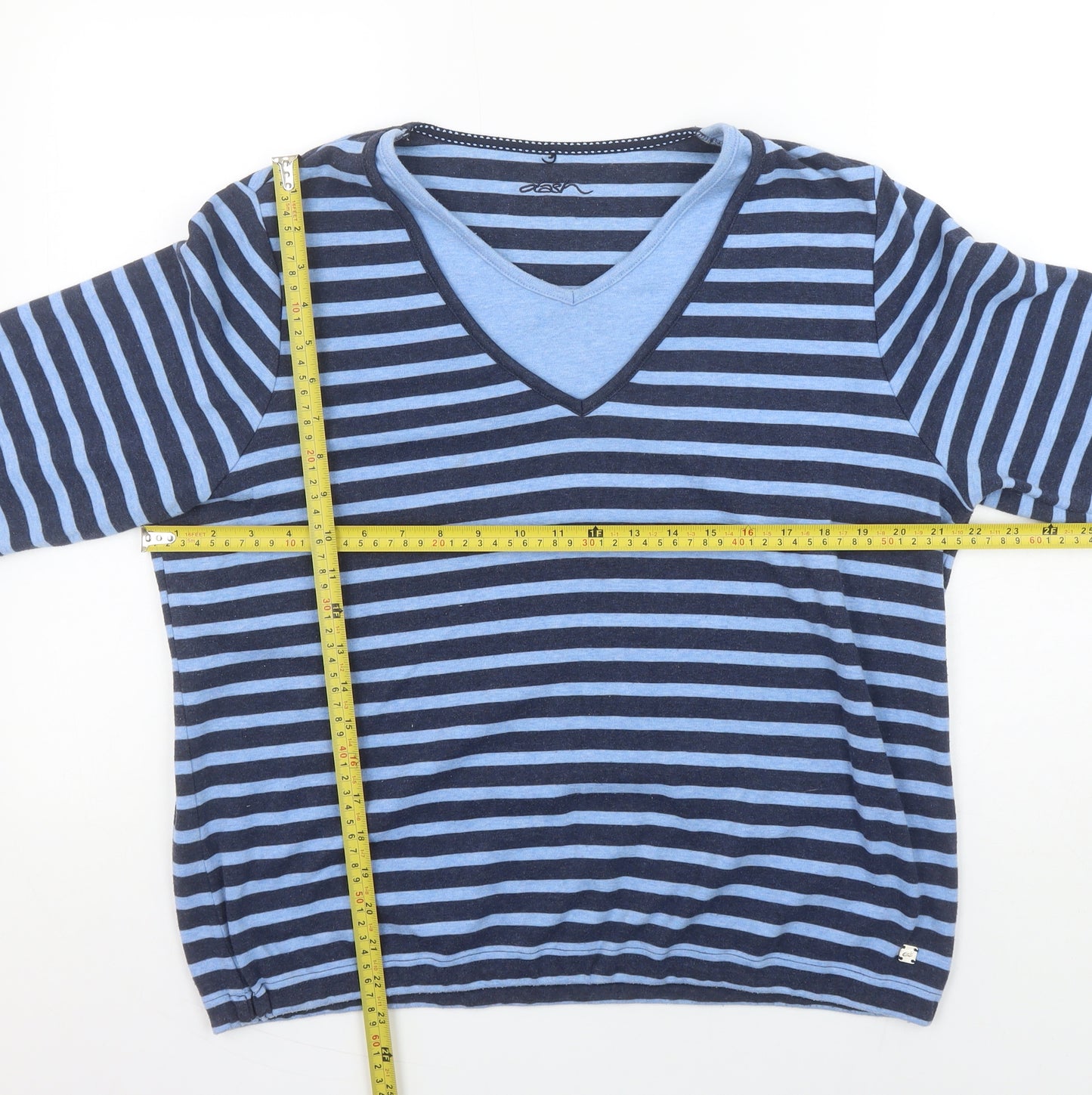 Dash Women's Blue Striped 3/4 Sleeve V-Neck T-Shirt Size 20