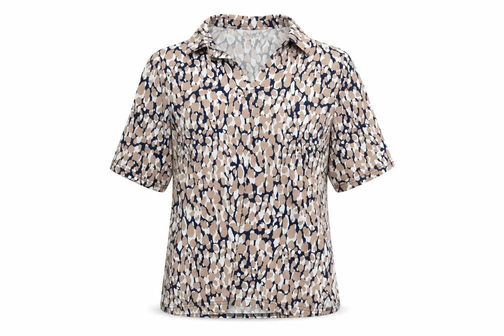 Country Collection Women Beige Collared Short Sleeve Cotton Blouse S