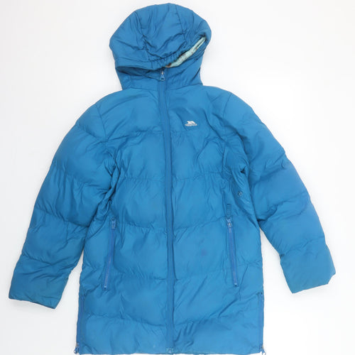 Trespass Girls Blue Hooded Puffer Jacket 7-8 Years Water Resistant Winter Coat