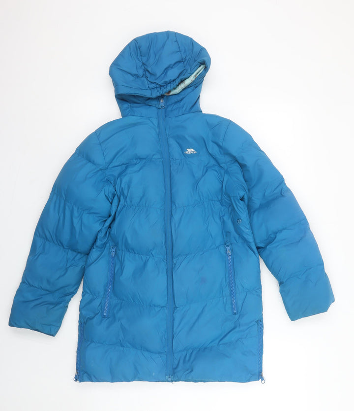 Trespass Girls Blue Hooded Puffer Jacket 7-8 Years Water Resistant Winter Coat
