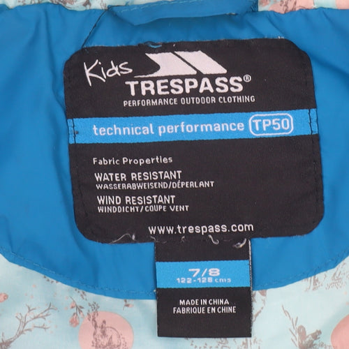 Trespass Girls Blue Hooded Puffer Jacket 7-8 Years Water Resistant Winter Coat