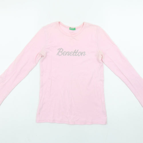 United Colors of Benetton Girls Pink Long Sleeve Logo T-Shirt 8-9 Years