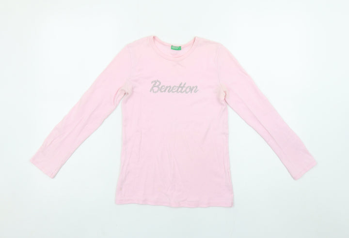 United Colors of Benetton Girls Pink Long Sleeve Logo T-Shirt 8-9 Years