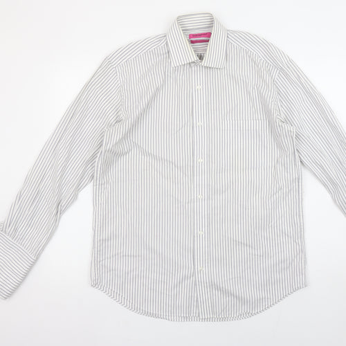 Butler and Webb Men's White Striped 15in Regular Fit Cotton Dress Shirt