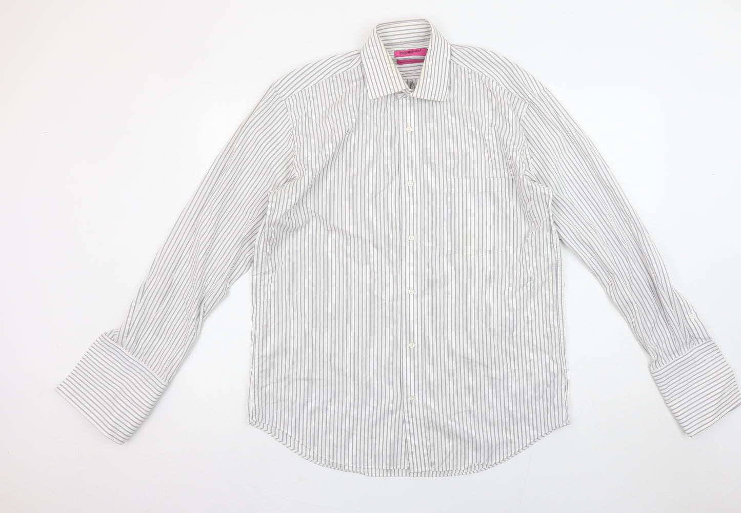 Butler and Webb Men's White Striped 15in Regular Fit Cotton Dress Shirt