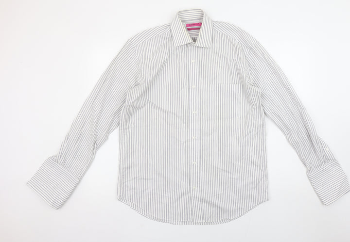 Butler and Webb Men's White Striped 15in Regular Fit Cotton Dress Shirt