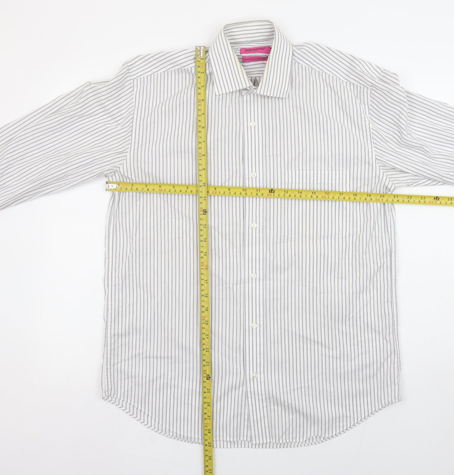 Butler and Webb Men's White Striped 15in Regular Fit Cotton Dress Shirt
