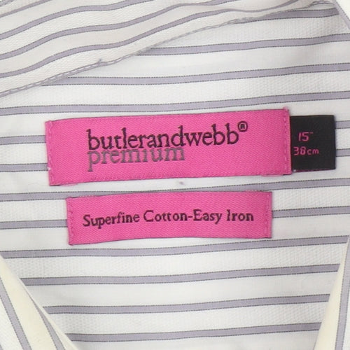 Butler and Webb Men's White Striped 15in Regular Fit Cotton Dress Shirt