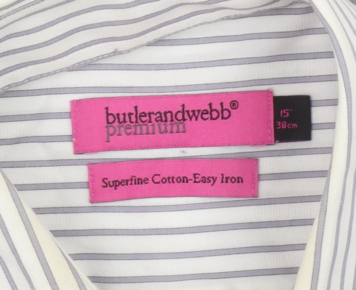 Butler and Webb Men's White Striped 15in Regular Fit Cotton Dress Shirt