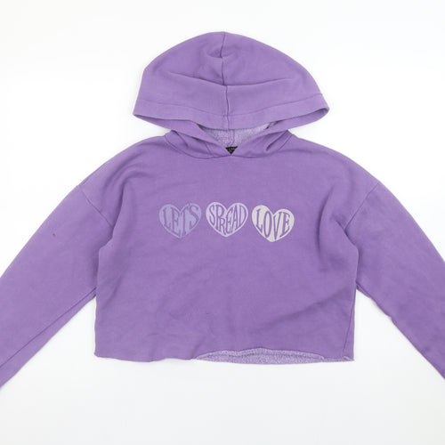 915 Girls Purple Cropped Pullover Hoodie Let's Spread Love Age 12-13 Years