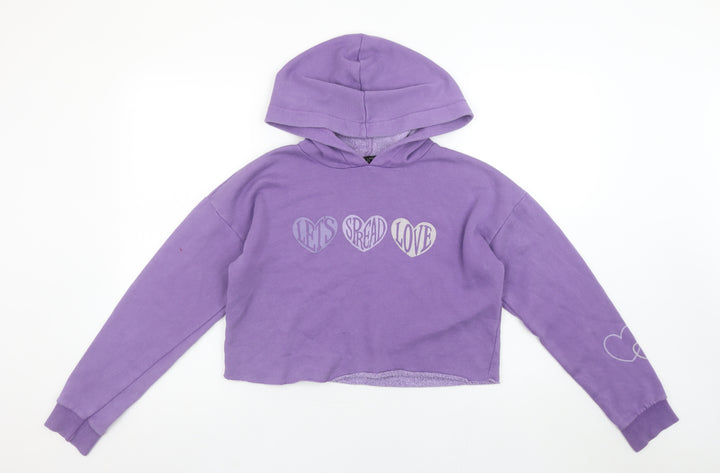 915 Girls Purple Cropped Pullover Hoodie Let's Spread Love Age 12-13 Years