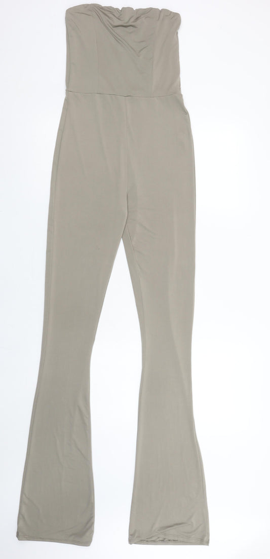 PrettyLittleThing Womens Beige Strapless Flared Jumpsuit Size 8