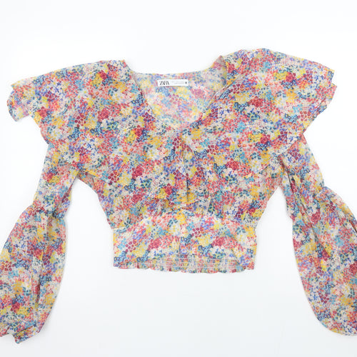 ZARA Women’s Multicoloured Floral Chiffon Cropped Blouse Size S