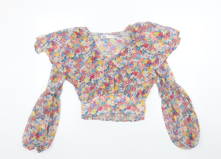 ZARA Women’s Multicoloured Floral Chiffon Cropped Blouse Size S