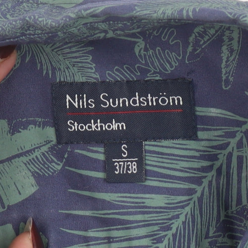 Nils Sundström Men's Blue Tropical Floral Short Sleeve Button-Up Shirt Size S