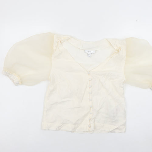 Topshop Women Ivory Puff Sleeve Cropped Button Blouse Size 8