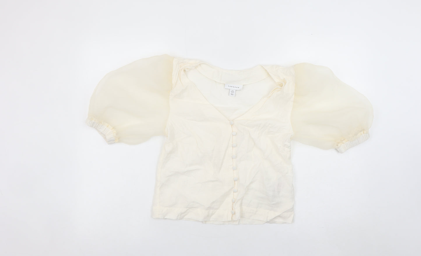 Topshop Women Ivory Puff Sleeve Cropped Button Blouse Size 8