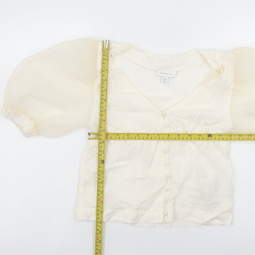 Topshop Women Ivory Puff Sleeve Cropped Button Blouse Size 8