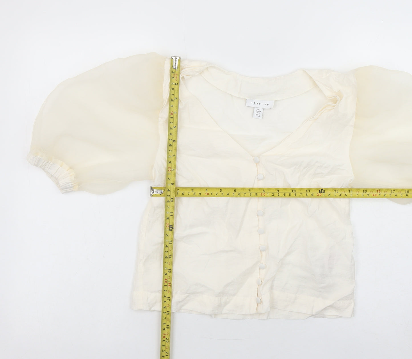 Topshop Women Ivory Puff Sleeve Cropped Button Blouse Size 8