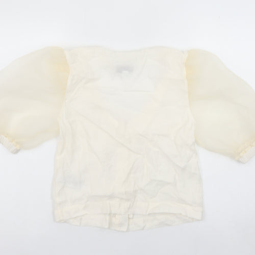 Topshop Women Ivory Puff Sleeve Cropped Button Blouse Size 8