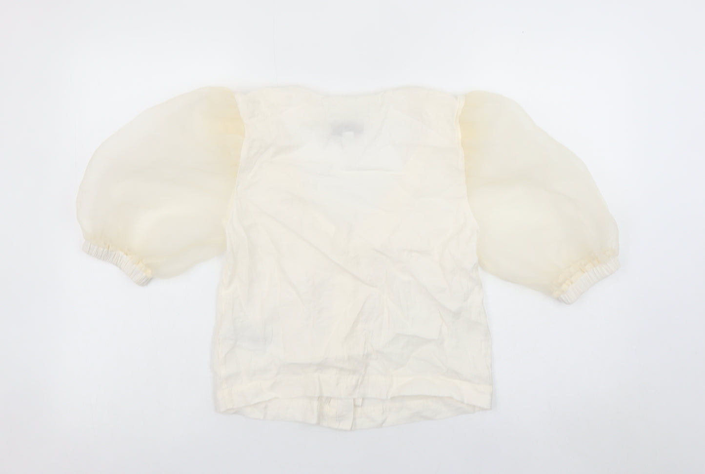 Topshop Women Ivory Puff Sleeve Cropped Button Blouse Size 8